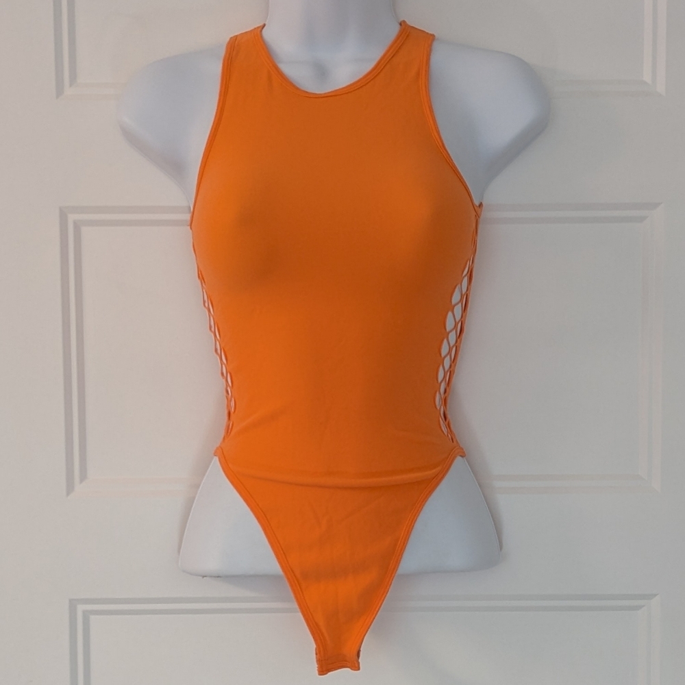 Fashion Nova Focus On Me Orange Cutout Bodysuit One Size NWT‎